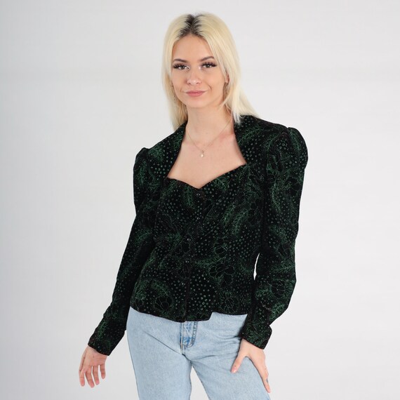 80s Velvet Blouse Sparkly Green Black Floral Shir… - image 4