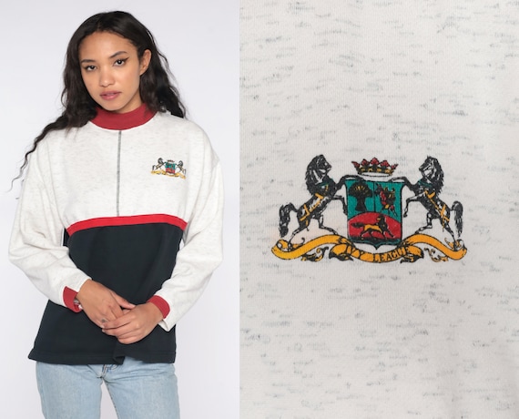Color Block Sweatshirt Horse Crest Sweatshirt 90s Sweatshirt Grey Black Mock Neck Slouchy Pullover Sweat Shirt Vintage Striped Medium Large