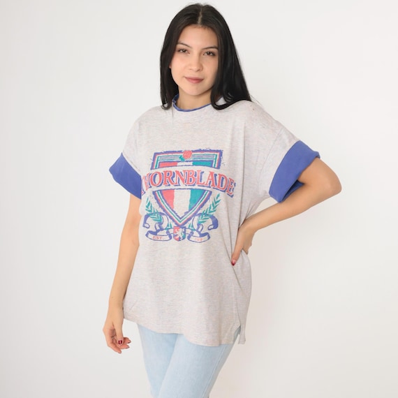Vintage 90s Thornblade Crest T-Shirt Golf Club Heather Gray Blue  Ringer Tee 1990s Greer South Carolina Oversized Large L