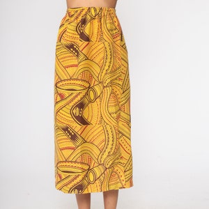African Skirt Boho Tribal Print Yellow HIGH WAISTED Midi Skirt 80s Long Vintage Hippie Festival Summer Skirt 1980s Small Medium image 5
