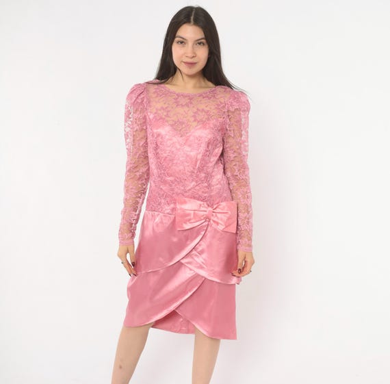 80s Pink Lace Dress Satin Bow Detail Sheer Sleeve Tiered Tulip Skirt Rose Blush Prom Party Cocktail Puff Shoulder Feminine Vintage Large L