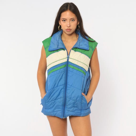 80s Puffer Vest Sears Cobalt Blue Green Cream Chevron Stripe Quilted Puffy Sleeveless Ski Jacket Zip Front Color Block Vintage Medium M