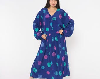 90s Circle Print Dress Purple Blue  Long Sleeve V Neck Button Front Teal Pink Abstract New Wave Polka Dot Plus Size Extra Extra Large XXL
