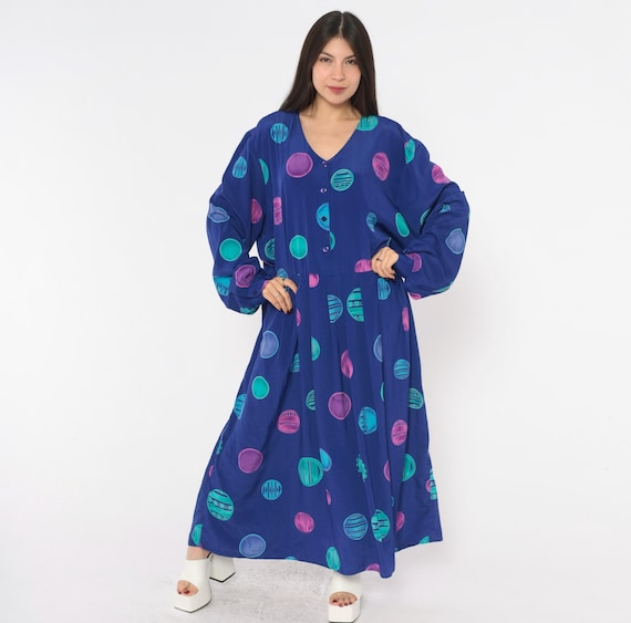 90s Circle Print Dress Purple Blue  Long Sleeve V Neck Button Front Teal Pink Abstract New Wave Polka Dot Plus Size Extra Extra Large XXL