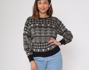 80s Metallic Sweater Black Gold Geometric Knit Pullover Glittery Jacquard Print Sparkly Slouchy Crewneck 1980s Retro Vintage Jumper Small S