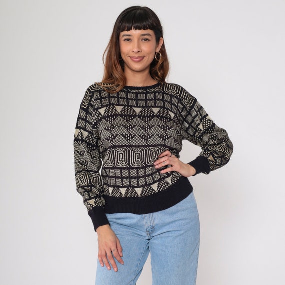 80s Metallic Sweater Black Gold Geometric Knit Pullover Glittery Jacquard Print Sparkly Slouchy Crewneck 1980s Retro Vintage Jumper Small S