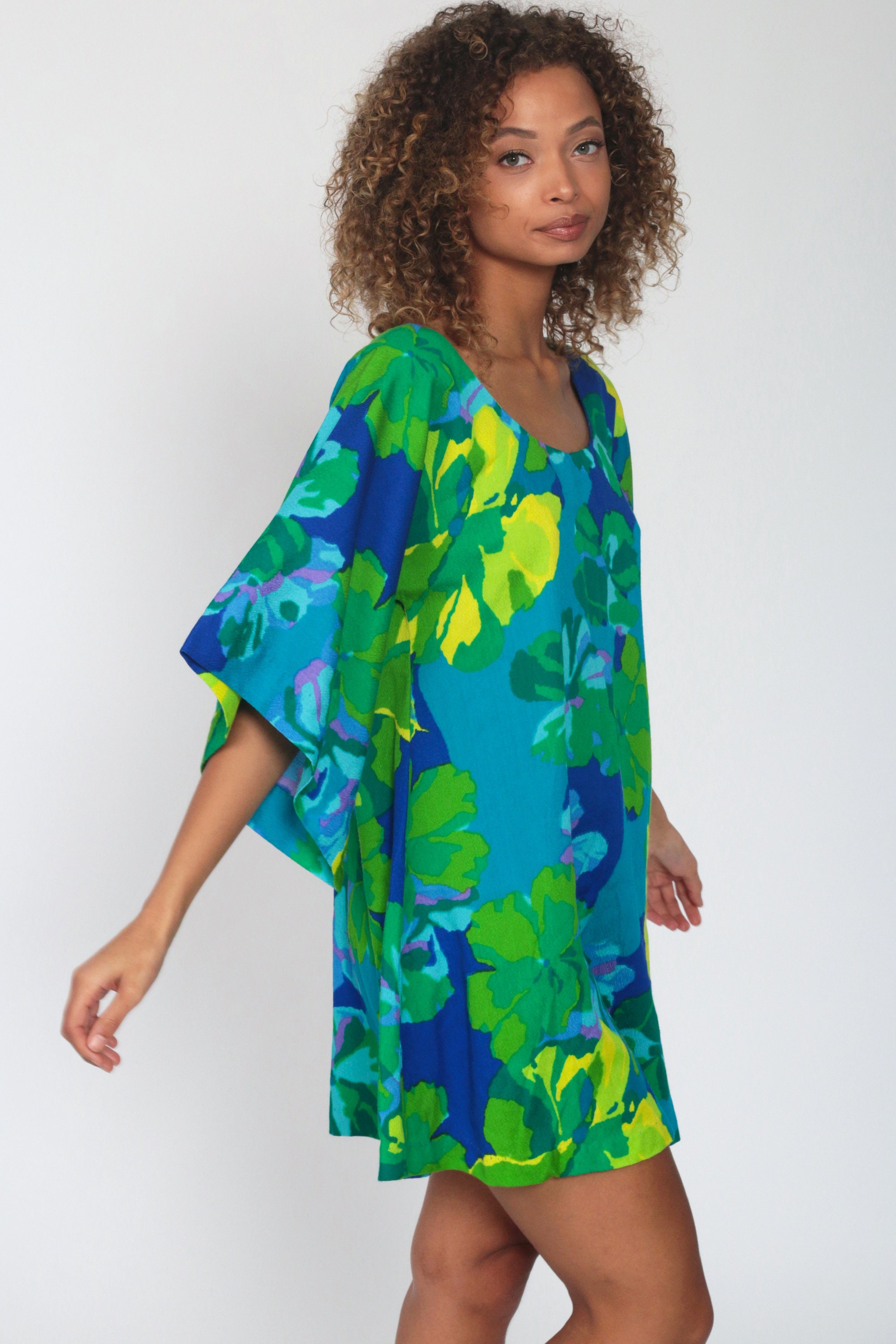 70s Mini Dress Bell Sleeve Hawaiian Dress Blue Floral Shift Mod Hippie Green Boho Tropical Dress 