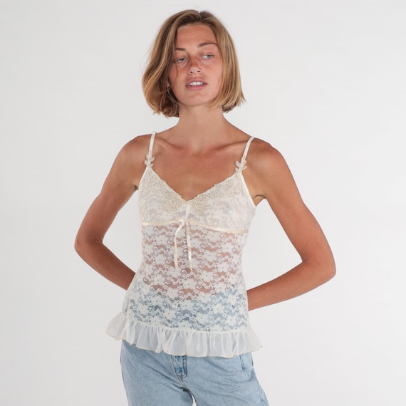 White Lace Camisole Y2K Lingerie Tank Top Sheer Floral Beaded Empire Waist Cami Ruffled Boudoir Corset Sexy Bustier Bridal Vintage 00s Small