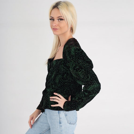 80s Velvet Blouse Sparkly Green Black Floral Shir… - image 5