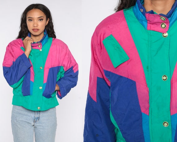 90s Ski Jacket Purple Color Block Hot Pink Green Winter Coat Puffy Jacket Puffer Coat Neon 80s Vintage Puff Jacket Extra Small xs