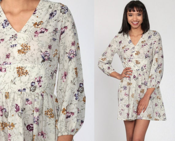 Babydoll Mini Dress 70s Mod Mini Floral Print Boho Grey Empire Waist Dress Bohemian Dress 1970s Vintage V Neck Dress Long Sleeve Small 4