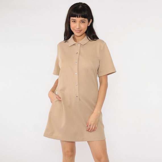 90s Tan Shirtdress Mini Dress Collared Button Up Dress Mini Short Sleeve Vintage Shift 1990s Basic Utility Dress Pockets Large L