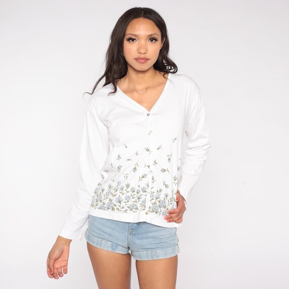 Floral Cardigan 90s White Blue Rose Print Button Up V Neck Long Sleeve Romantic Cascading Flower Pattern Spring Garden Cottagecore Large L