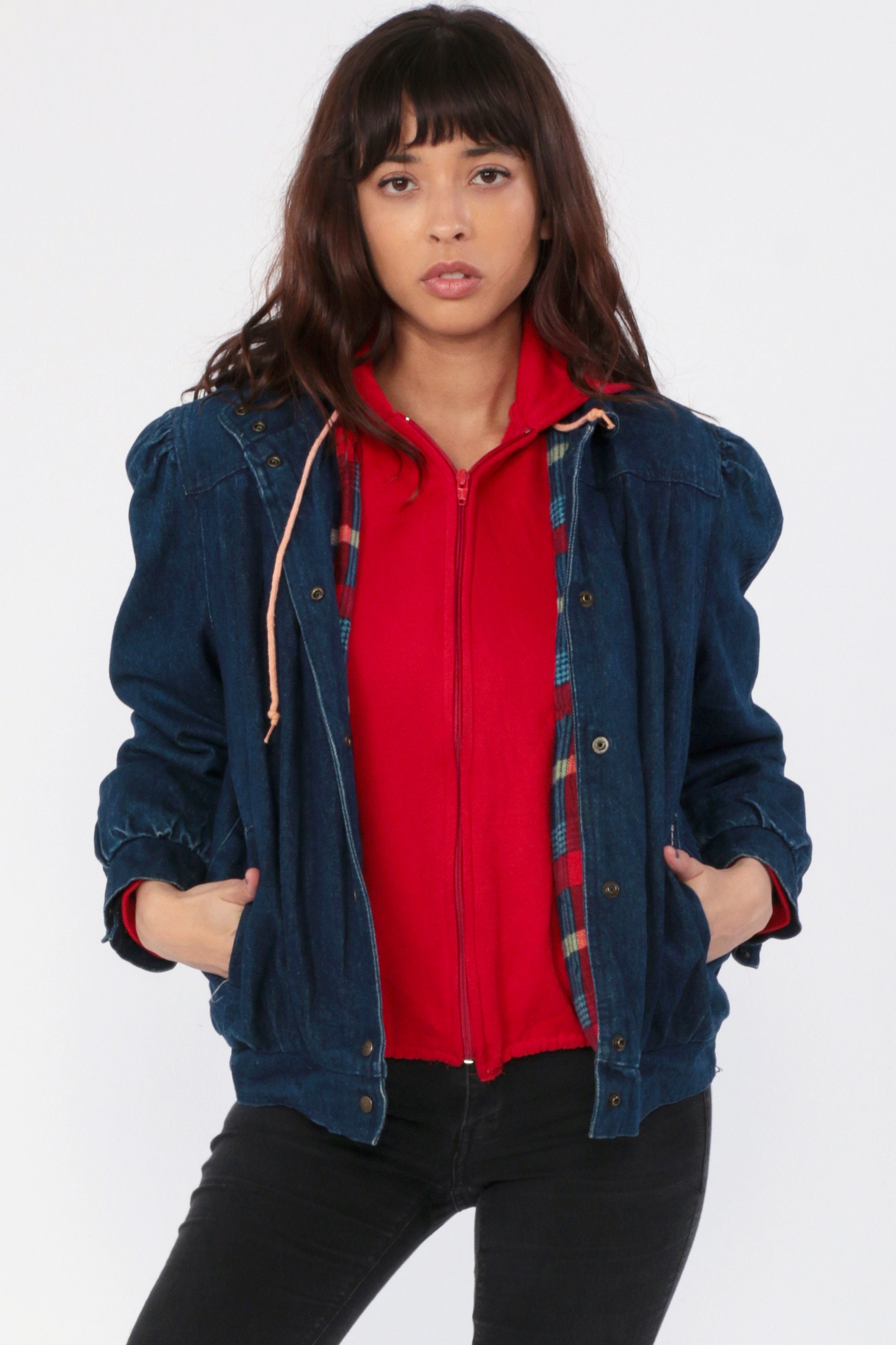 Denim Hoodie Jacket Puff Sleeve Bomber Jacket 80s Jean Jacket 