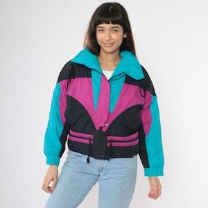 Vintage 90s Down Puffer Jacket Color Block Ski Jacket Black Turquoise Purple Retro 1990s Puffy Zip Up Winter Coat Cropped Small S