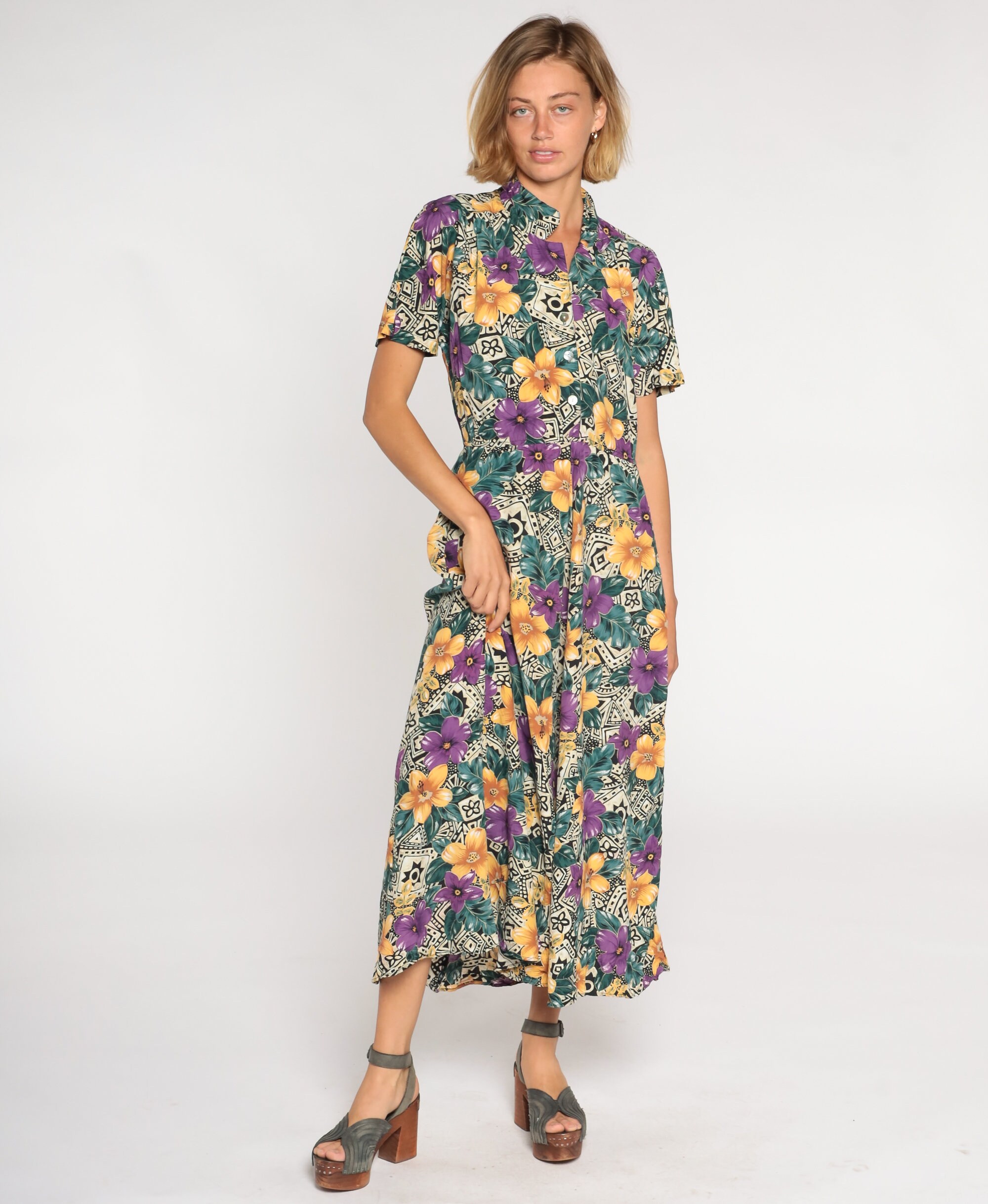 Tropical Floral Maxi Dress 90s Button Up Shirtwaist Dress Retro Boho ...