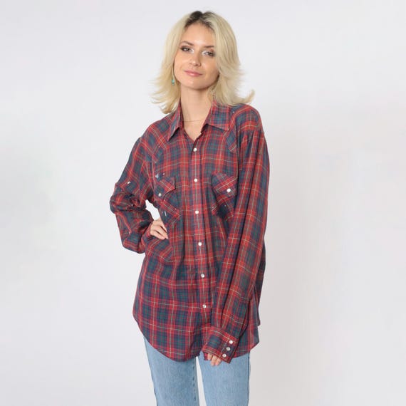 Vintage Distressed Western Shirt 80s Paint Splatter Thin Red Plaid Pearl Snap Rodeo 1980s Long Sleeve Cowboy Green Blue Men's Large L