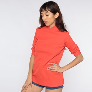 70s Mod Top Orange Mandarin Collar Shirt Polyester 1970s Plain Blouse Vintage Short Sleeve Shirt Basic Top Seventies Extra Small xs