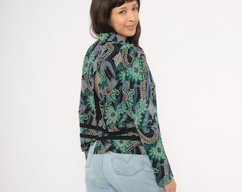90s Paisley Blazer Green Blue Black Floral Cropped Jacket Velvet Trim Ornate Long Sleeve Tapestry Women Bohemian Vintage Petite Large L