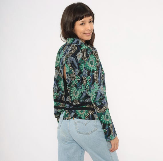 90s Paisley Blazer Green Blue Black Floral Cropped Jacket Velvet Trim Ornate Long Sleeve Tapestry Women Bohemian Vintage Petite Large L