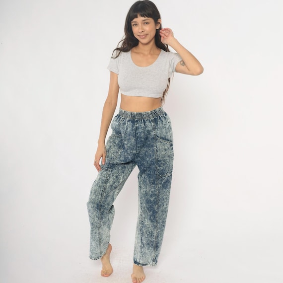 Acid Wash Jeans 90s Elastic Waist High Rise Denim Pants Straight Leg Marble Stone Light Blue Vintage Casual Relaxed Fit Small Medium S M