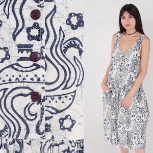 90s Midi Dress White Batik Button up Jumper Dress Abstract Print Sleeveless Sundress Blue Summer V Neck Low Drop Waist Vintage 1990s Medium image 1