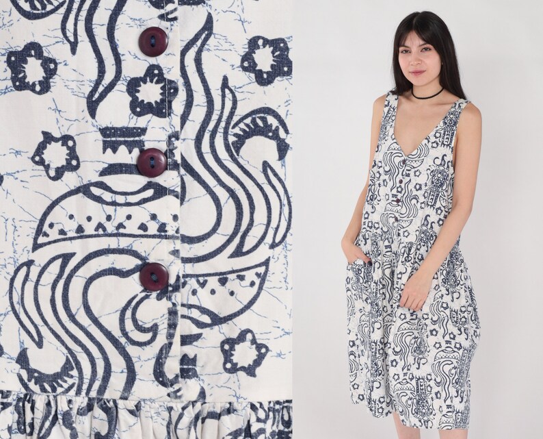 90s Midi Dress White Batik Button up Jumper Dress Abstract Print Sleeveless Sundress Blue Summer V Neck Low Drop Waist Vintage 1990s Medium image 1