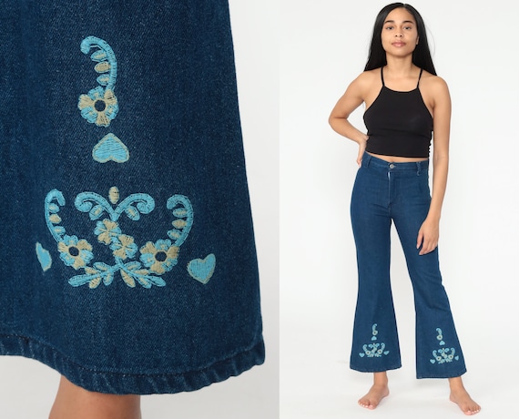 90s Bell Bottoms Embroidered Floral Pants Y2K Dar… - image 1