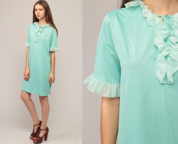 70s Nightgown Lingerie Pajama Dress 60s Mini Seafoam Blue Nightie Boho Vintage 1970s Night Gown Lolita Ruffle Small Medium