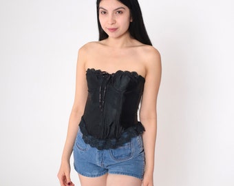 Black Corset Top 90s Victoria's Secret Bustier Lingerie Bra Boned Strapless Underwire Lace Trim Sweetheart Neckline Vintage 1990s Small S 34