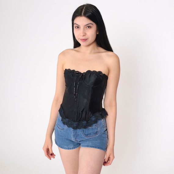 Black Corset Top 90s Victoria's Secret Bustier Lingerie Bra Boned Strapless Underwire Lace Trim Sweetheart Neckline Vintage 1990s Small S 34