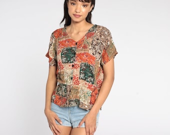 Patchwork Shirt Orange Floral Top Hippie Blouse Grunge 90s Boho Top Short Sleeve Bohemian Button Up Vintage Rayon Medium
