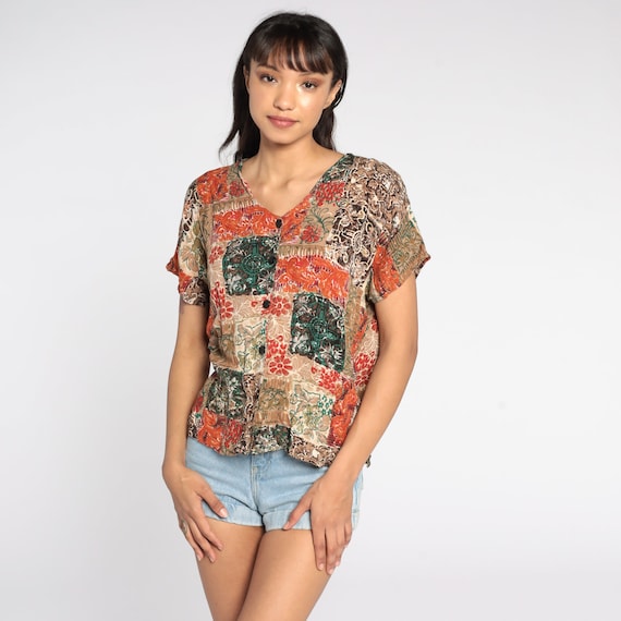 Patchwork Shirt Orange Floral Top Hippie Blouse Grunge 90s Boho Top Short Sleeve Bohemian Button Up Vintage Rayon Medium