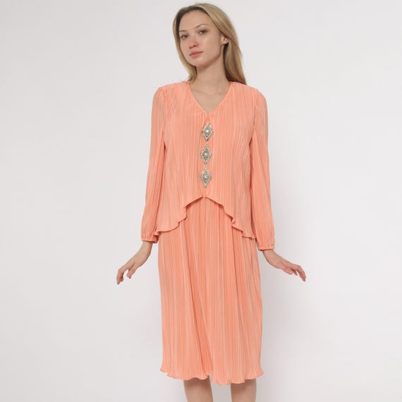 Peach Rhinestone Dress 80s Ribbed Pleated Long Sleeve Layered Bodice Coquette Feminine Salmon Coral Evening Garden Party Summer Large L