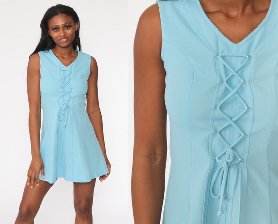 60s Corset Dress Baby Blue Shift Dress Mod Mini L… - image 1