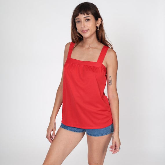 70s Tank Top Red Shirt Summer Blouse Square Neckline Retro Sleeveless Shirt Mod Top Bohemian 1970s Vintage Plain Tank Strap Small