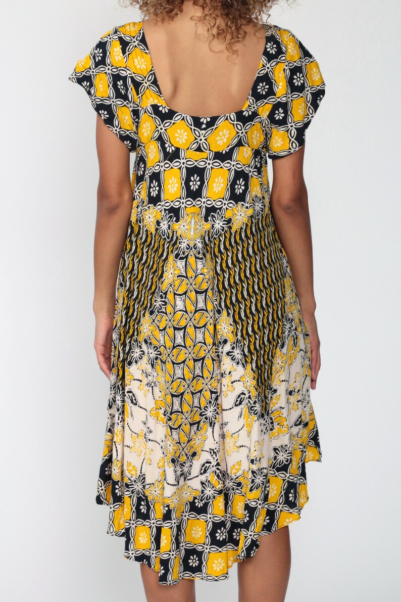 Batik Dress Boho Hippie Dress 80s Midi FLORAL Tent Caftan Dress Yellow Beach Festival Bohemian Dress 1980s Vintage Indonesian Extra Small xs