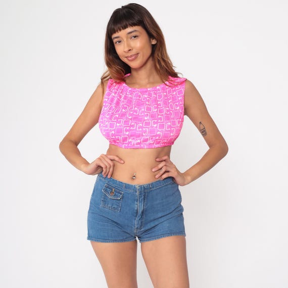 60s Pink Geometric Crop Top Vintage Sleeveless Blouse Mod Abstract Print High Neck Elastic Hem Graphic Pattern Pop Art Style Extra Small XS