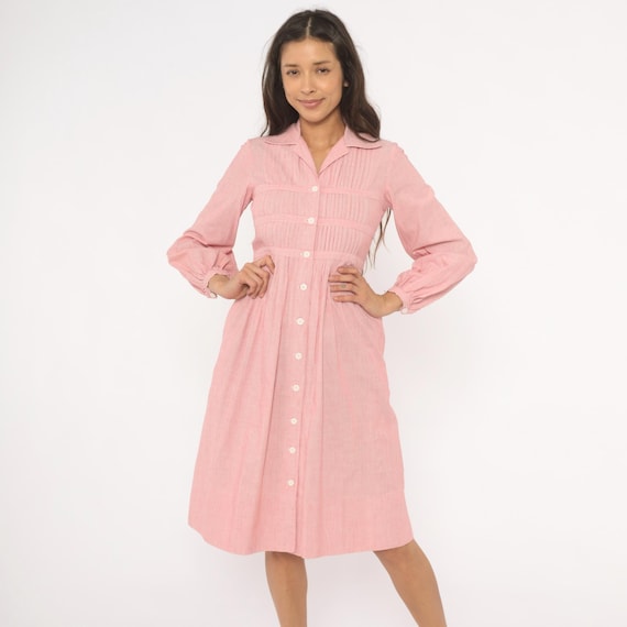 80s Pinstripe Dress Shirtdress Pink Red Striped Button Front Puff Sleeve Cotton Rose Blush Prairie Sundress Summer Vintage Extra Small XS