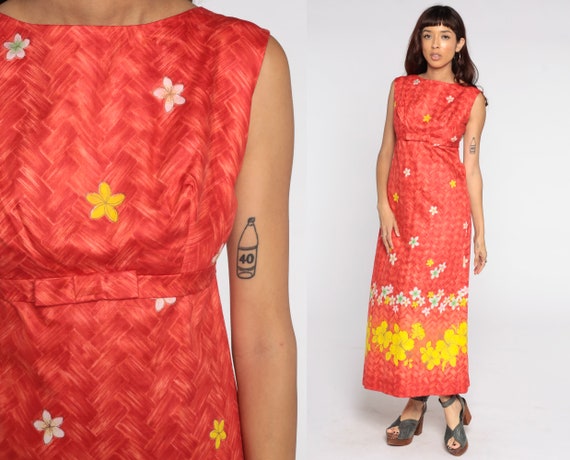 Floral Hawaiian Dress 70s Red Maxi Dress 60s Hippie Empire Waist Tropical 1970s Bohemian Sleeveless Bow Yellow Small Medium
