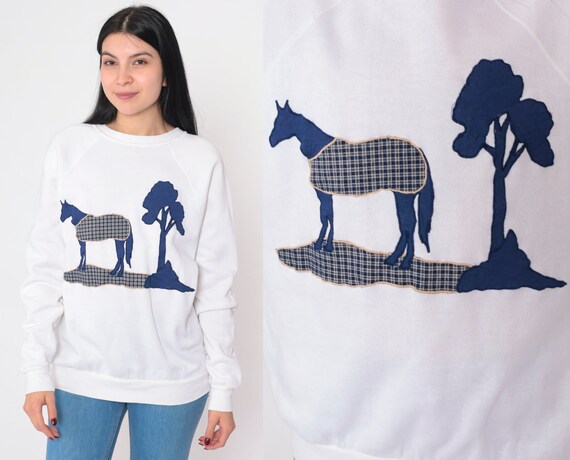 Horse Sweatshirt 90s White Raglan Sweatshirt Plaid Patch Horses Graphic Shirt Equestrian Sweater Pullover Crewneck Vintage 1990s Large L