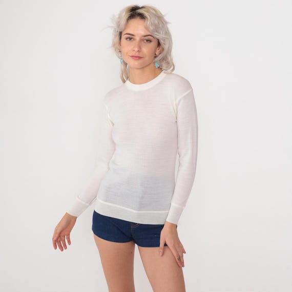 Wool Sweater 80s Cream New Old Stock Ribbed Knit Sheer Long Sleeve Crewneck Vintage Deadstock NOS Unworn 100% Pure Wool Ski Apres XS 30