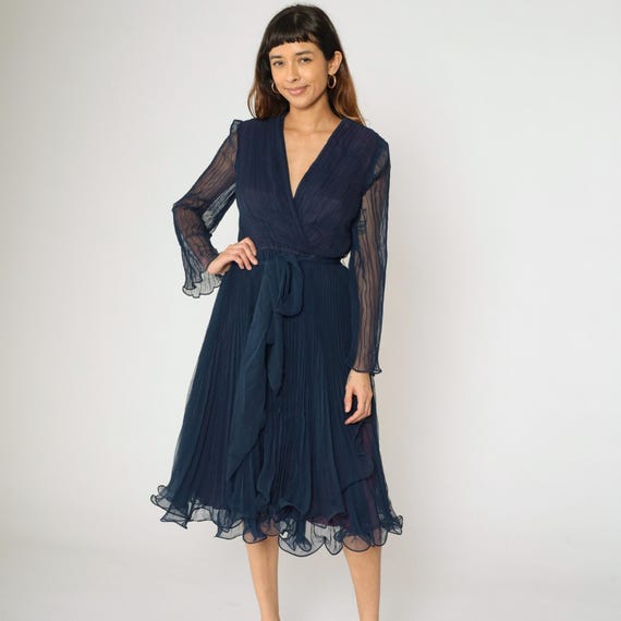 Vintage Navy Blue Chiffon Party Dress 70s Pleated Evening Midi Dress Long Sheer Sleeve Retro Formal V Neck 1970s Belted High Waist Small S