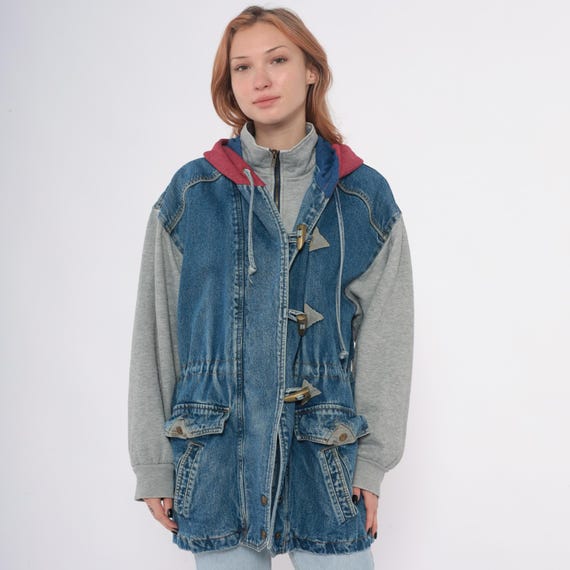 90s Denim Hooded Jacket Toggle Closure Knit Sweatshirt Sleeves Colorblock Hood Blue Gray Pink Grunge Alt Cotton Vintage Streetwear Medium M