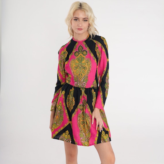 70s Boho Dress Sequin Mini Dress Indian Floral Paisley Party Sparkly Psychedelic Long Sleeve Pink Black Color Block Vintage 1970s Small S