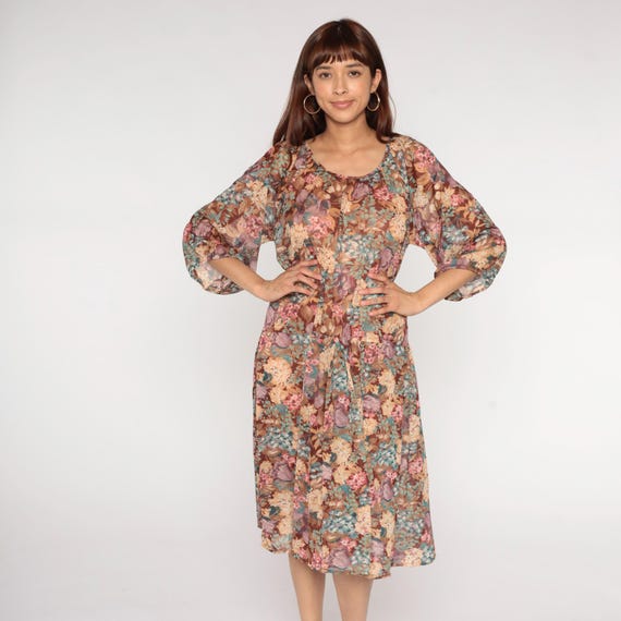 Brown Floral Dress 1970s Pink Teal Mauve Earth Tone Sheer Elastic Waist 70s Cottagecore Autumn Fall Midi Dress Large Extra Large L XL 14 16