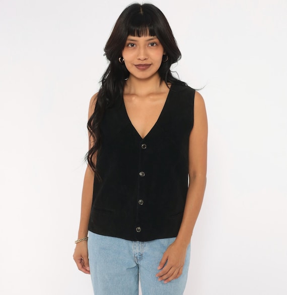 90s Black Suede Leather Vest Snap Button Front Deep V Neck Waistcoat Sleeveless Western Layering Top Goth Cowgirl Biker Vintage Medium M