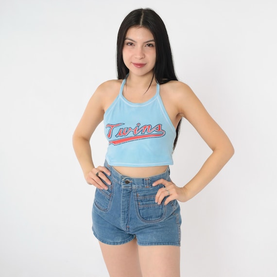 80s Baseball Crop Top Vintage Sporty Halter Neck Tank Top Baby Blue Backless Blouse 1980s Boho Cropped Medium M