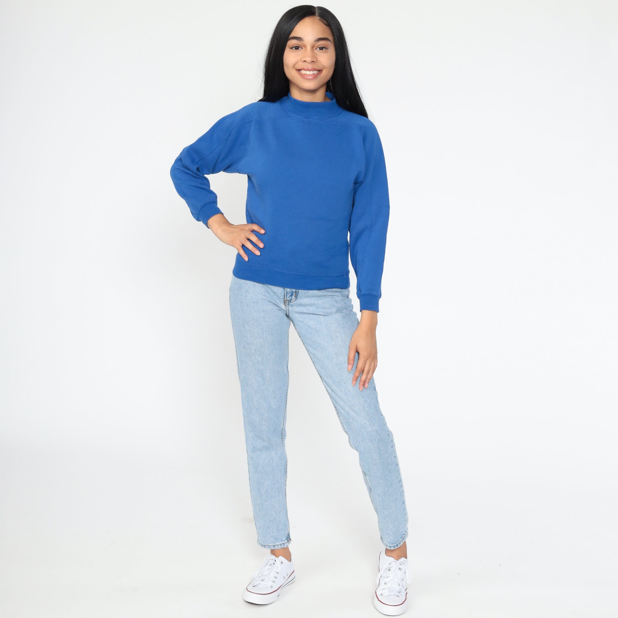 Royal Blue Sweatshirt 80s Sweatshirt Mock Neck Shirt Plain Long Sleeve ...