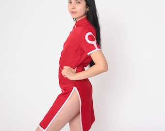 Red Mini Dress Y2K Asian Style Dress Pink Ring Circle Print Sheath Zip Up Mandarin Collar Side Slit Cocktail Short Sleeve Vintage 00s Small